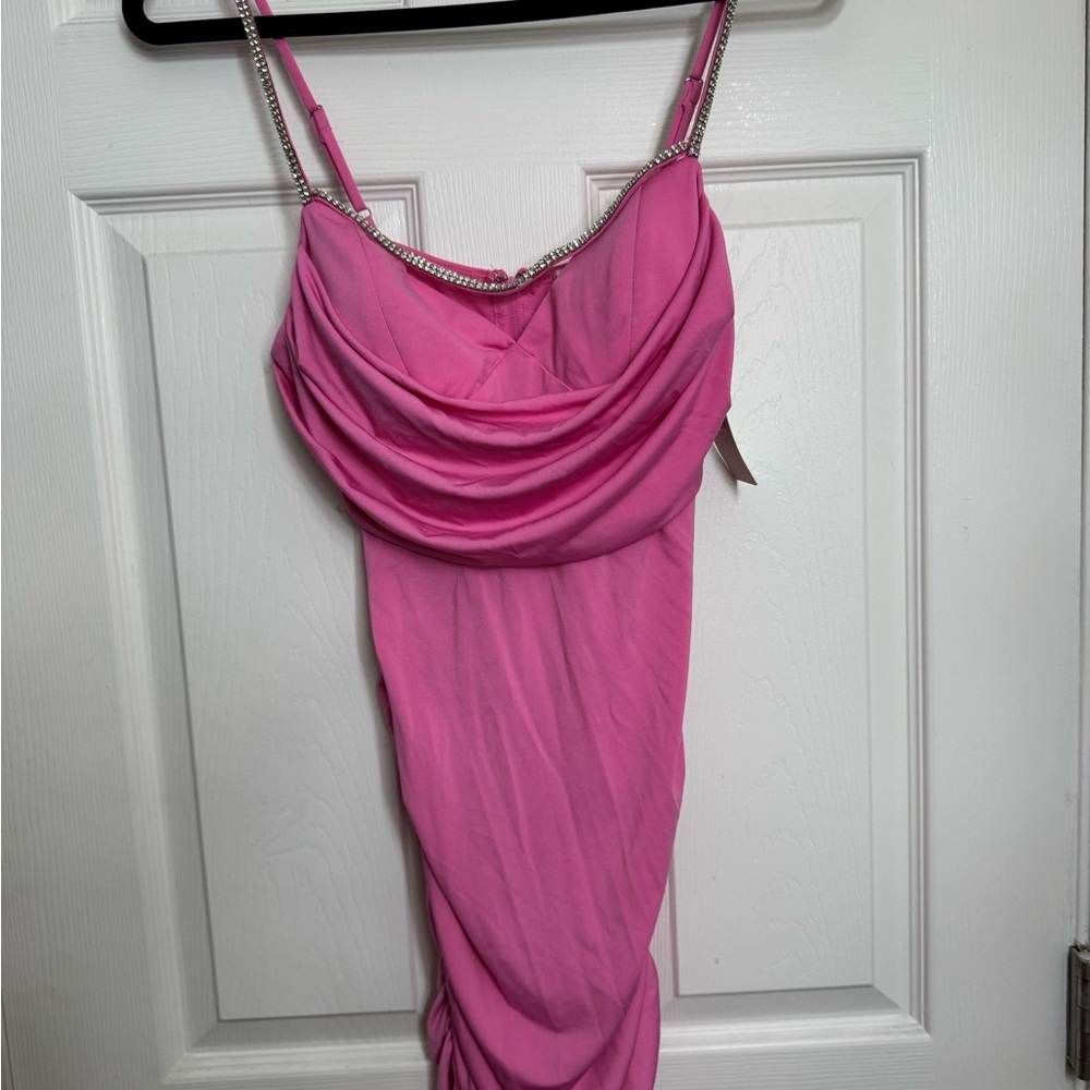 Pink Draped Dress with Rhinestone Straps